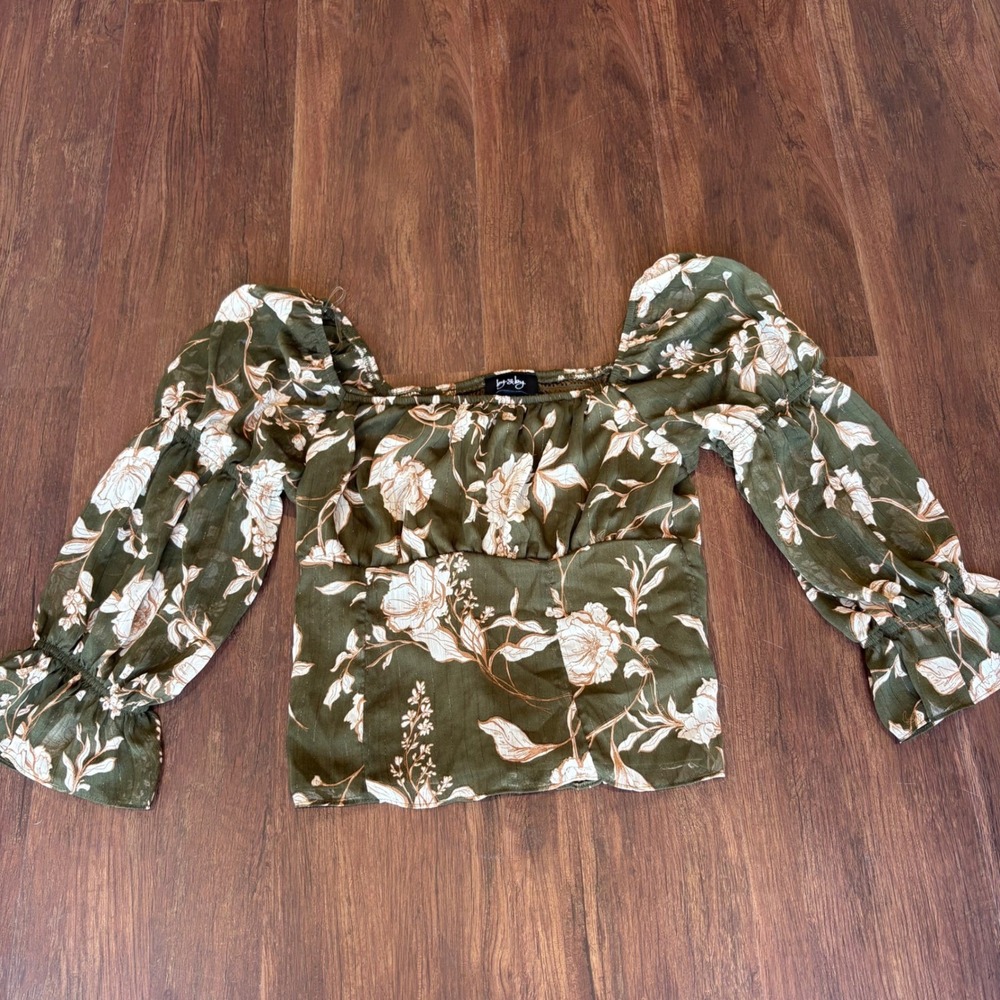 Cottagecore Romantic Autumn Floral‎ Smocked Puff Sleeve Top S Olive Green Cream